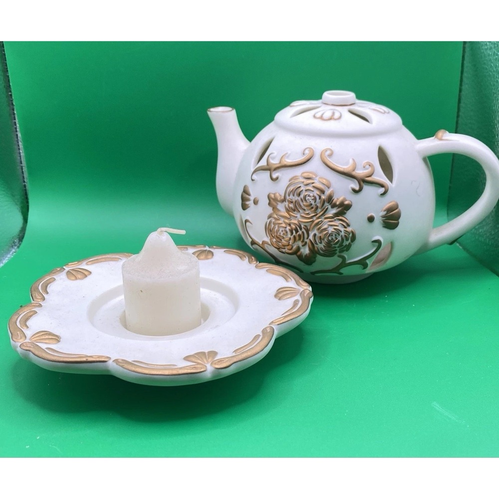 Partylite TEAPOT Tealight Candle Holder TEA TIME Luminary P7301 Porcelain Bisque - Picture 4 of 8